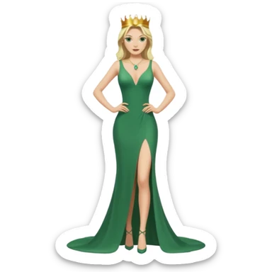 Queen, crown, blonde hair, green eyes, long green tight dress, decoltee,  Leg slit, whole Body, sticker