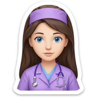 pretty brunette nurse with long hair and blue eyes in lilac scrubs sticker