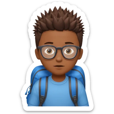 a boy with spikey short brown hair and blue eyes, glasses, backpack sticker