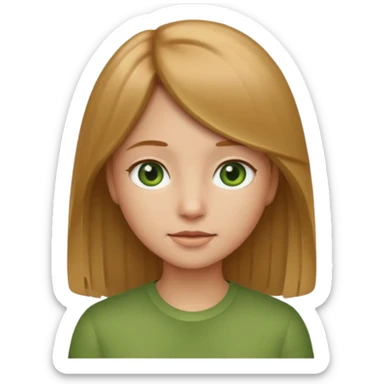 apple style emoji of a girl with light brown (русые) hair, 1A-1B straight hair texture, green and greyish eyes sticker