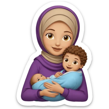 Light skin hijabi woman holding a one baby boy brown curls sticker