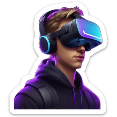 Russian young man wearing a black hoodie with "OMG" letters on it and VR headset in a cyberpunk VR environment with violet neon lighting. sticker