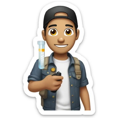 "Light-skinned Latino male with short black hair, wearing a backward cap front to back. Brown eyes, slightly thick lower lip, smiling. Holding a test tube in one hand and a video game controller in the other. Cartoon style sticker