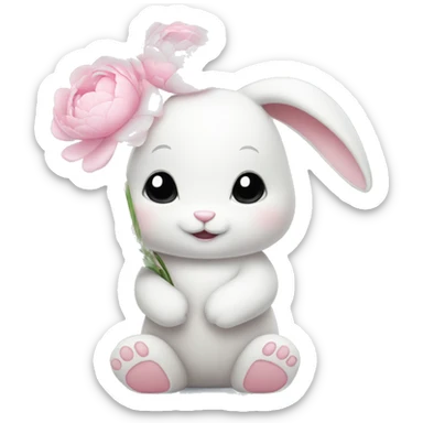 cute white bunny holding light pink peonies sticker