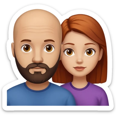Couple. A bald man with dark brown beard and a girl with light skin. She is a redhead and has dark yellow brown auburn hair. Different skincolor. She has very light skin. sticker