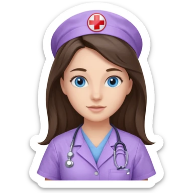 pretty brunette nurse with long hair and blue eyes in lilac scrubs sticker