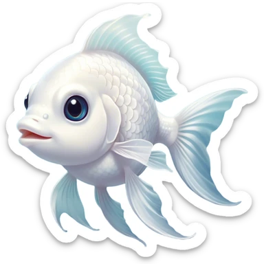 Cinematic Cute White Goldfish Portrait Emoji, Head tilted playfully and inquisitively, featuring a glossy, pure white body with delicate, shimmering scales and round, sparkling pale eyes filled with curiosity, Simplified yet irresistibly adorable features, highly detailed, glowing with a warm, friendly glow, high shine, affectionate and lively, stylized with a touch of whimsy, bright and endearing, soft glowing outline, capturing the essence of a mischievous yet loving goldfish, so playful it feels like it could swim out of the screen and into your heart! sticker