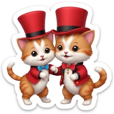 Steampunk:a very cute and adorable anthropomorphic baby cat with a red top hat is dancing with a puppy sticker