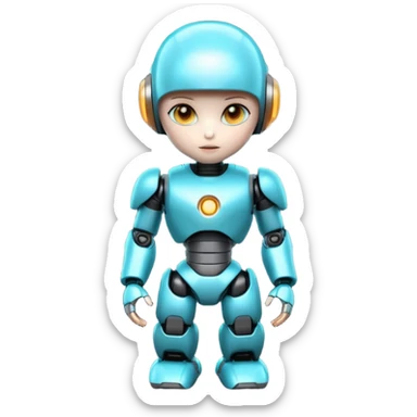 Cute futuristic chibi humanoid robot with large rounded head, add text on chest "LMX". glossy black and grey metal body, glowing cyan and amber eyes, visible joints, confident pose, white background, high-detail 3D render,  sticker