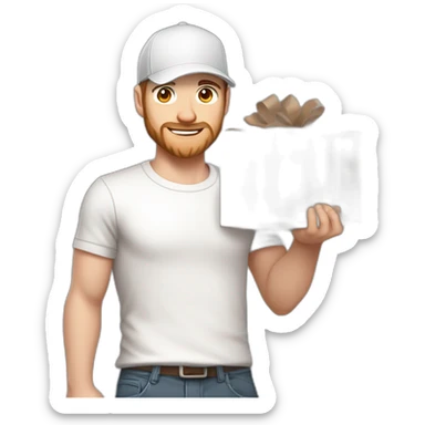 Pale skinned fit Man with dark brown hair in a light gray cap, dark brown jeans, brown polo and white T-shirt keeping a pasted with tape white box into his hands sticker