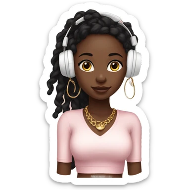 African girl. Black long twists. Wearing white headphones. Listening to music. Wearing a light pink v neck top. Gold Jewelry. Makeup. Blush. sticker