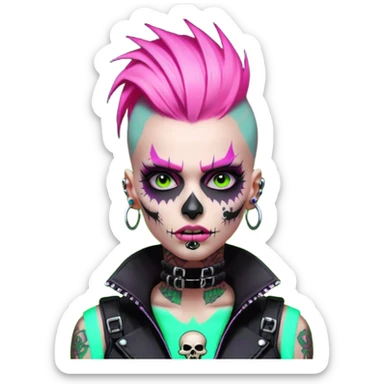 Cyberpunk female punk, pink mohawk, skull face tattoos, bionic neck, aggressive expression, neon green lighting sticker
