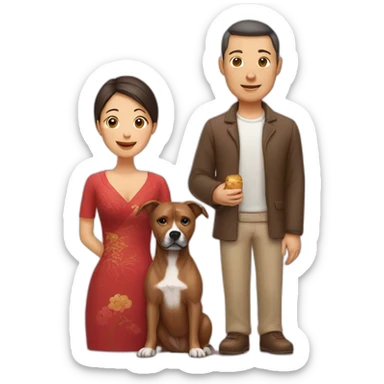 man and Chinese lady with brown Staffordshire terrier dog sticker