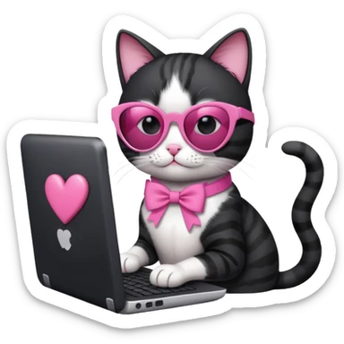 Black and white cat with pink ribbon and black cool sunglasses doing pink computer with pink heart sticker