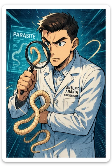 A dynamic manga/webtoon-style illustration of a young male kinesiologist wearing a clean white lab coat, analyzing light beige worms like a tapeworm under a magnifying glass. His expression is focused and slightly intrigued, with sharp, detailed eyes. The art style is vibrant, with bold linework, rich colors, and dramatic lighting. The background is a futuristic laboratory with glowing holographic screens displaying parasite data. The tapeworm is intricately drawn, slimy and segmented, with a slightly exaggerated yet realistic texture. The composition is dynamic, with motion lines or energy effects to emphasize his scientific investigation. The atmosphere is intense but not dark, keeping a balance between scientific seriousness and stylish manga aesthetics, he has "ANTONIO ANANIA" WRITTEN ON WHITE LAB COAT sticker