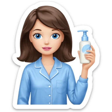 Barbie girl with makeup, blue eyes , and bob long haircut wavy, short brown hair in creamy color pajamas, face cream in hand sticker