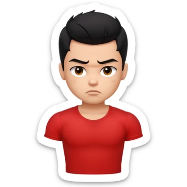 a pretty bratz boy with black hair and a red tshirt, big biceps looking sad sticker