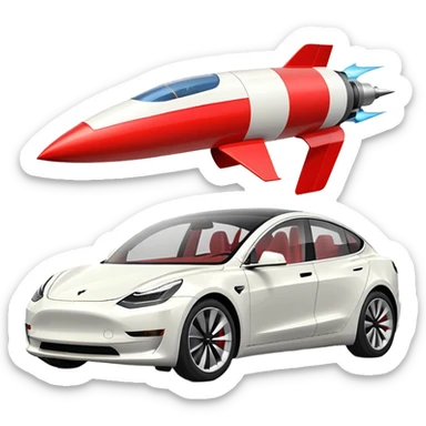 Tesla model 3 white with small rocket mounted flat on roof for extra propulsion sticker