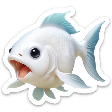 Cinematic Cute Yawning White Goldfish Portrait Emoji, Head tilted slightly with a dramatic, wide-open yawn, showcasing a smooth, pure white body with graceful, flowing fins, eyes barely open in drowsy contentment, Simplified yet irresistibly adorable features, highly detailed, glowing with a soft, cozy glow, high shine, relaxed yet expressive, stylized with a touch of whimsy, bright and endearing, soft glowing outline, capturing the essence of a sleepy yet affectionate goldfish, so drowsy it feels like it could float out of the screen and curl up for a nap! sticker