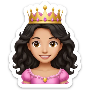 Very tanned princess, with long black wavy hair and a crown, a pink princess Outfit. In love sticker
