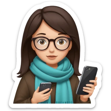 Fille châtain foncé avec lunettes. Elle porte une grosse écharpe. Elle est sur dans un toilettes. Téléphone en main sticker