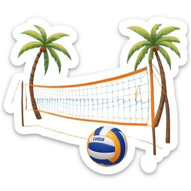 A volleyball resting on the orange sand ground of a beach, with a volleyball net in the background. The scene captures a sunny beach atmosphere with clear blue sea and sky, palm trees swaying, and people in swimsuits enjoying the vibrant surroundings sticker