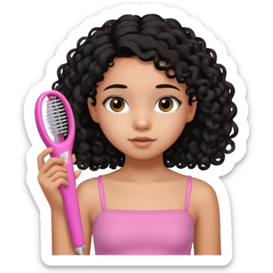 A black 12 yr old girl brushing her shoulder length hair, doe eyes, almond eyes pink tube top and black hair like the 3rd sticker