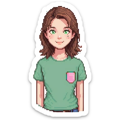 teacher with brown hair, white skin, wearing a pink t-shirt sticker