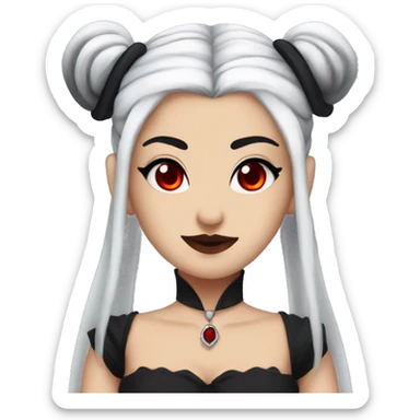 Vampire woman, white skin, pretty red eyes, half up half down black hair, two space buns on the top of her head sticker