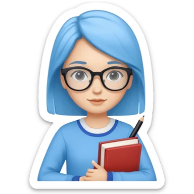 cute girl, glass, smart, Sky-blue colored clothing,
holding a book in one arm and a pen in the other hand.Holding a pen in the right hand as if teaching.Wearing black glasses, with a smart and bright-looking face. sticker