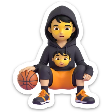 Remove any basketballs and remove his shoes, keep the boy kid sitting in a ring sitting pose, black hoodie with hood off, smirking, black crew socks, black messy hair, black basketball shorts, yellow skin, Microsoft 3D emoji style, with no background. sticker