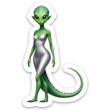 Green Alien reptilian woman without a tail, in silver dress, full figure, yellow eyes sticker