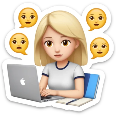 3D emoji style sticker, young woman, white background, slight exam stress, sitting with a laptop, IELTS practice test on the screen showing Overall 5.5, tired but determined expression, notebooks and papers around, soft lighting, minimal details, clean aesthetic, astrology style sticker
