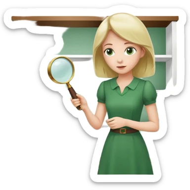 white empty shelf in perspective view with a standing woman nearby, she is looking at the shelfs with a magnifying glass, she is turned to the shelfs, woman wearing a green dress sticker