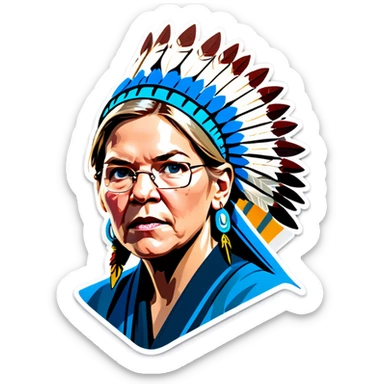 Make a picture of Senator Elizabeth Warren with a traditional Native American headdress make it less cartoonish without the braids make it more realistic accentuate her wrinkles and more realistic make her hair blonder and get rid of the headdress besides make her look worried sticker
