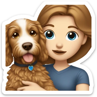 white girl with long, straight brown hair and blue eyes holding a golden doodle puppy  sticker