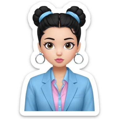 generate a pretty bratz girl with black hair tied up in a bun. wearing a light blue full sleeve shirt and a black blazer over it. silver small hoops, pink lipgloss.  sticker