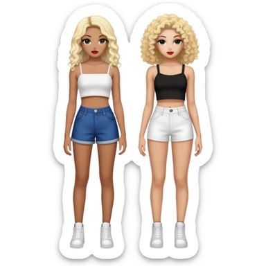 Full body of two teenage girls standing together, one white with straight blonde hair and one brown-skinned with curly black hair, both with heavy makeup, big lips, crop tops and choni style clothing sticker