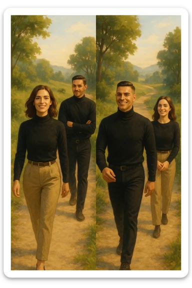 a man and a woman walk together along a winding path in a natural landscape. In one version, the woman leads confidently while the man follows a few steps behind, looking at lei con ammirazione. In un’altra versione, i ruoli sono invertiti, con l’uomo che guida e la donna che lo segue sorridendo. La scena trasmette l’idea che entrambi possano guidare o seguire, a seconda del momento. sticker