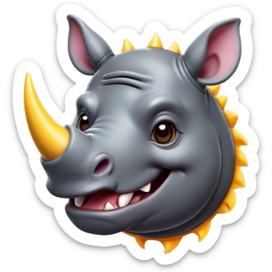 Cinematic Comical Rhinoceros Portrait Emoji, Head tilted dramatically with an exaggeratedly amused expression, featuring a striking, glossy slate-gray hide with a boldly textured horn, wide, expressive eyes filled with playful disbelief, Simplified yet hilariously expressive features, highly detailed, glowing with a slightly sassy glow, high shine, dramatic yet playful, stylized with an air of cheeky wild mischief, bright and endearing, soft glowing outline, capturing the essence of a spirited and over-the-top rhinoceros, so meme-worthy it feels like it could charge its way into internet fame instantly! sticker