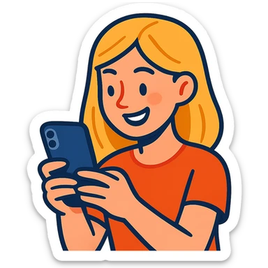 blonde girl typing SMS on iPhone, modern style, light hair, smiling, holding phone, neutral background, no text sticker