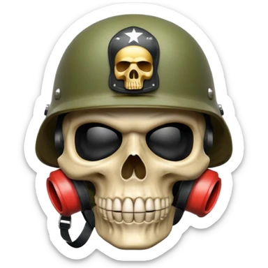 A bold emoji-style skull wearing a realistic army helmet,shushing . Clean vector style, high contrast, centered composition, modern emoji aesthetic, detailed helmet texture, confident and intense expression, 3D glossy finish, high resolution , no body , finger shuting is mouth sticker