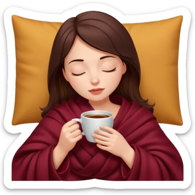 Brunette girl inside a burgundy blanket sipping coffee eyes closed sticker