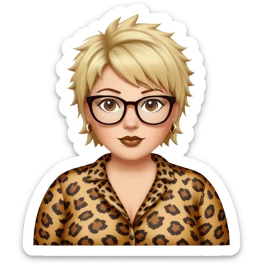  plus size white women dressed in leopard with short medium brown and blonde shaggy spiked hair wearing glasses with hazel color eyes and wide flat nose sticker