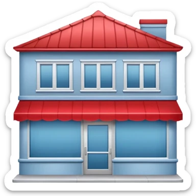 flat vector emoji of miniature storefront with red peaked roof, light gray walls, blue sign area, large front windows, sliding glass double doors, clean rounded minimal style, subtle shadows, soft lighting, front-facing, plain background, no text or logos sticker