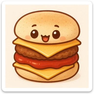Recreate this exact cheeseburger as a cartoon emoji in chibi stickers style, keeping the English muffin bun, square cheese on top and bottom, patty, and ketchup, with the same quirky look. No text. sticker