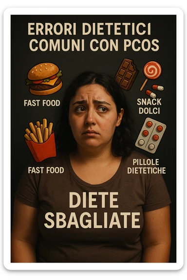 vertical realistic cinematic image in Italian: woman with PCOS following wrong diets, symbols of dietary errors, confused expression, captions in Italian, aspect ratio 2:3 sticker