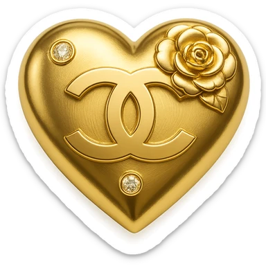 Chanel heart in metallic gold style with a camellia flower and diamond accents, glamorous sticker