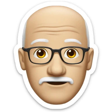 bald white man with a large wrinkled forehead, thin square glasses and a beard connected above and below, always white sticker