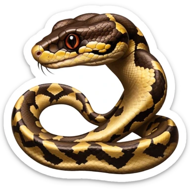 A photo-realistic digital illustration of a Ball Python, large headshot portrait. The snake has a short, rounded snout, smooth contours, and a calm, curious expression. Its head is warm brown with bold, irregular dark markings, including the signature “alien-head” pattern.  sticker